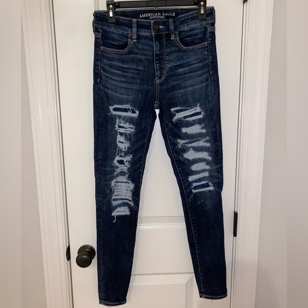 American Eagle Outfitters Dark Blue Distressed Skinny Jeans